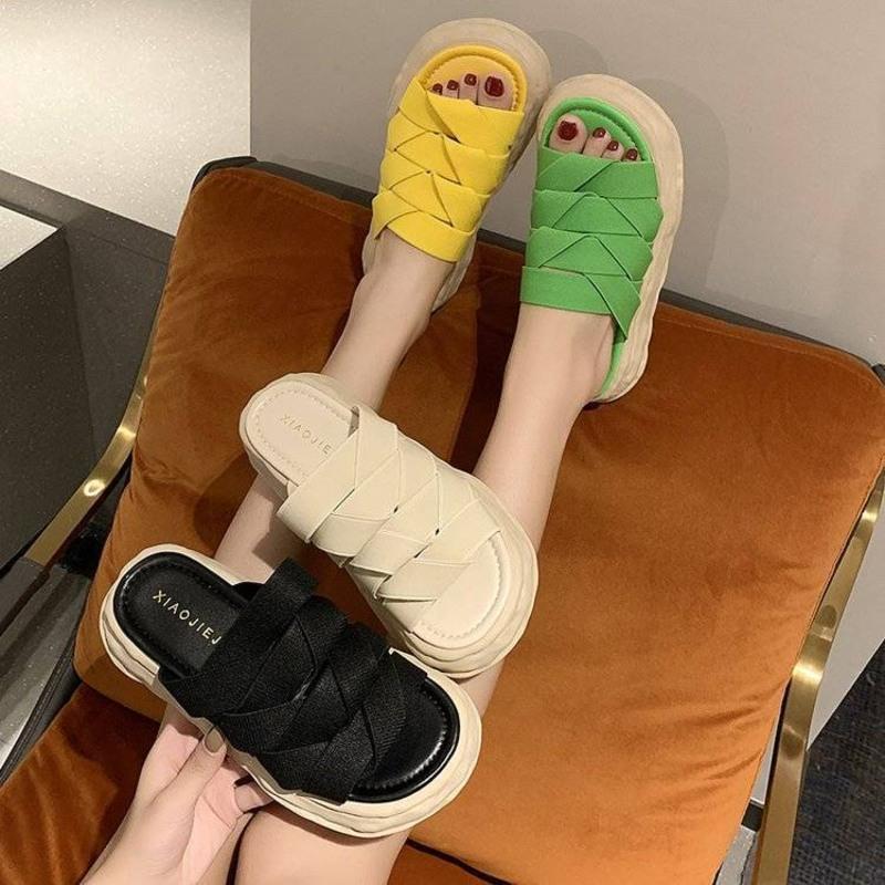 编织带沙滩拖鞋女2021夏外穿ins潮厚底凉拖鞋松紧带罗马凉鞋>800_800