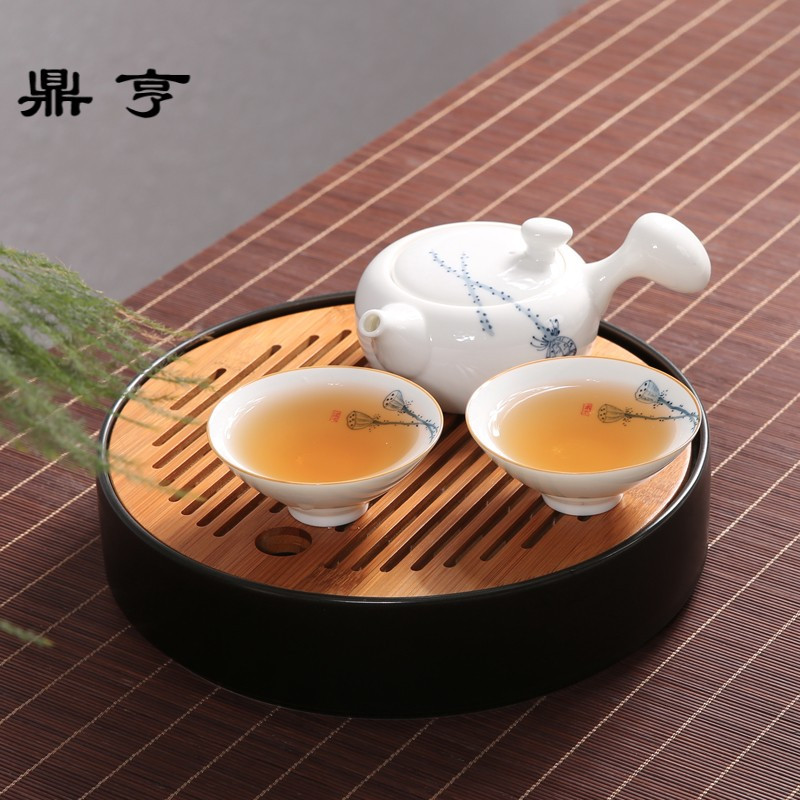 鼎亨陶瓷小号茶盘迷你竹制储水干泡台日式功夫茶具托盘茶台圆形茶