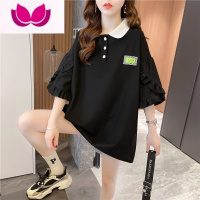 七斓2023夏季新款胖妹妹大码女装荷叶边polo领短袖t恤女宽松20夏装妹边 XL适合135-165斤 黑色