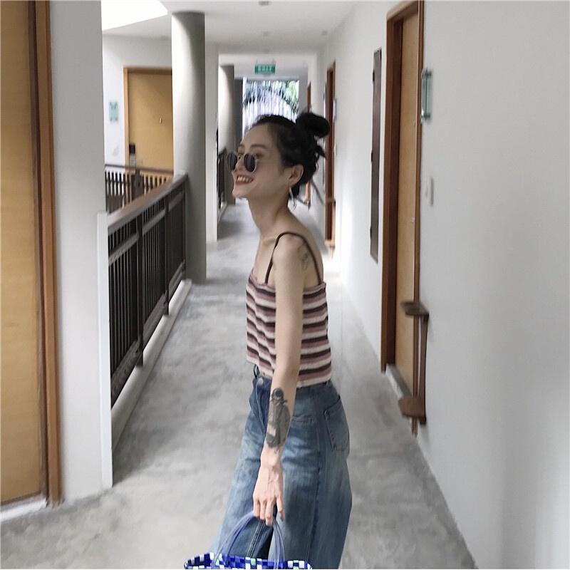小清新港味复古撞色条纹短款小带背心女蓝色均码