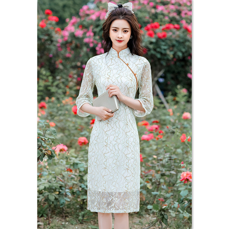 时尚改良蕾丝七分袖中长款旗袍夏季新款年轻女士旗袍裙