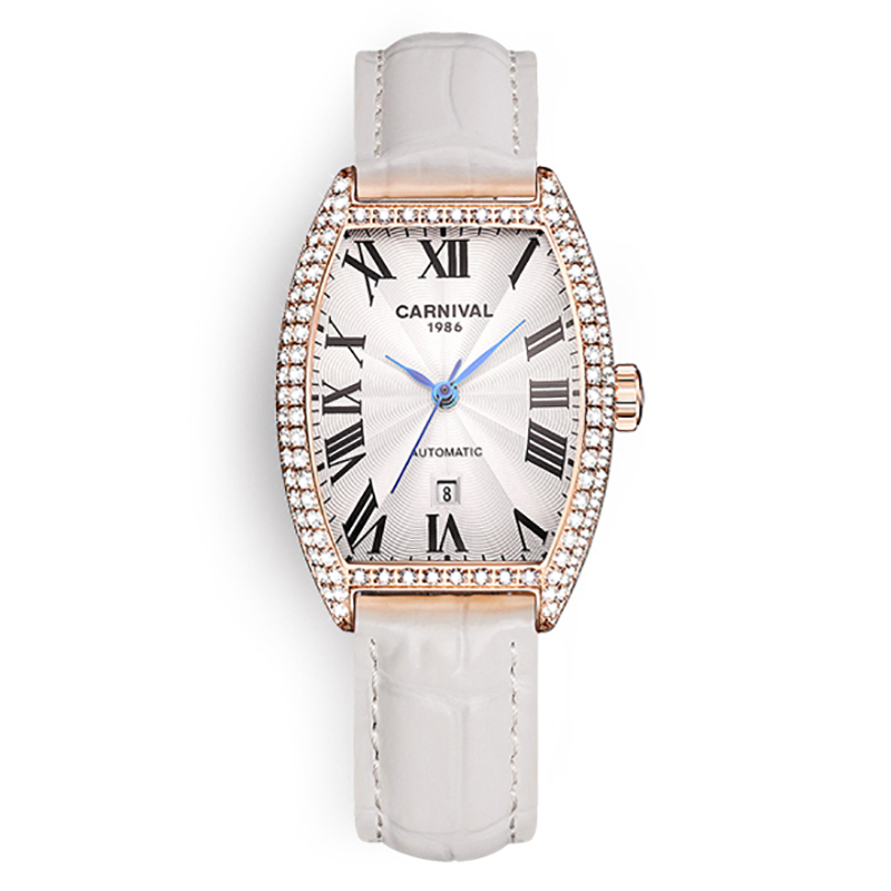 正品嘉年华Carnival手表女士全自动机械表 女表时尚潮流防水镶钻日历表真皮名牌女表新款酒桶腕表8857高清大图