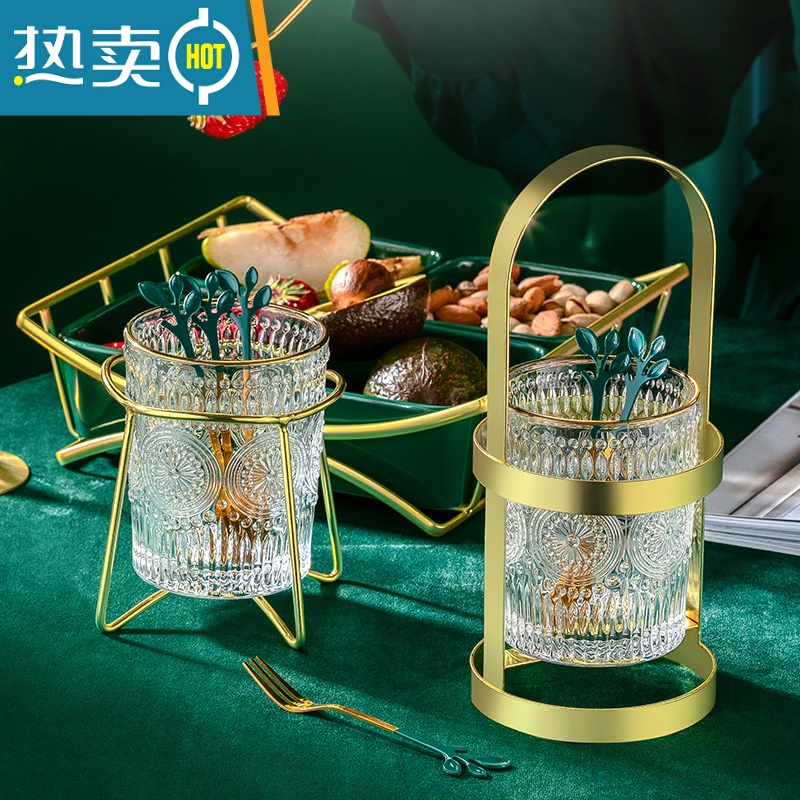 敬平304不锈钢水果叉子轻奢高端甜品蛋糕叉收纳罐套装家用水果签果插 提手水果叉筒架+金边浮雕杯高清大图