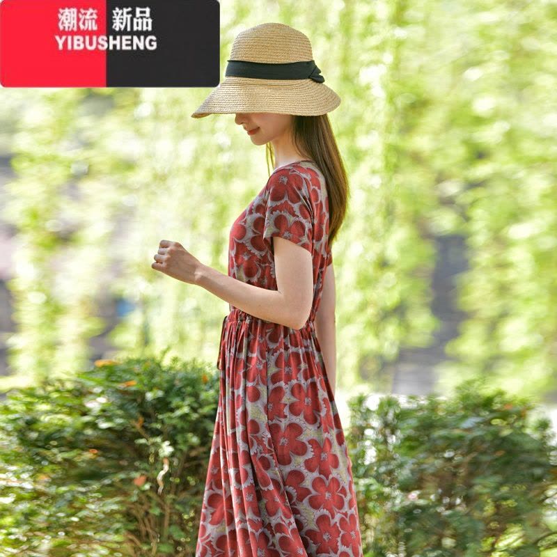 YIBUSHENG2024新款季棉绸连衣裙女人造棉绵绸印花收腰显瘦旅游沙滩长裙子图片