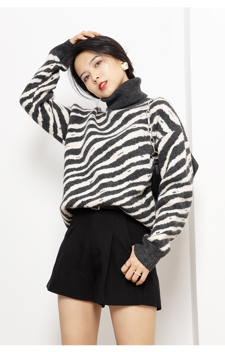 fish basket新款韩版高领豹纹毛衣女慵懒宽松提花斑马纹套头针织毛衫