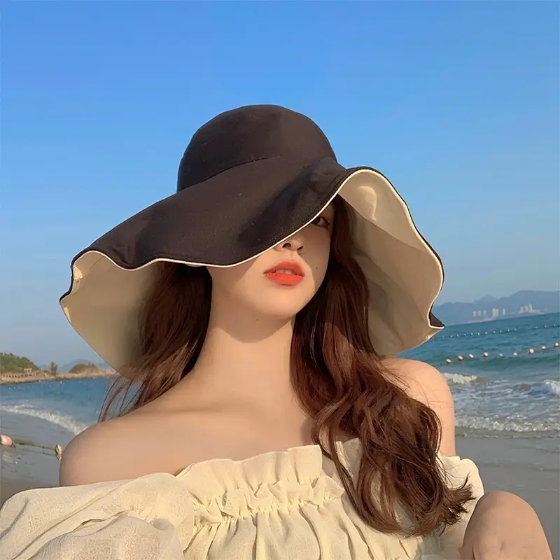 南极人帽子女夏季遮阳帽渔夫帽百搭大帽檐遮脸太阳帽防晒 黑色和米色
