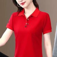 棉短袖t恤女夏季薄款中年妈妈翻领上衣有领衣服运动衫带领