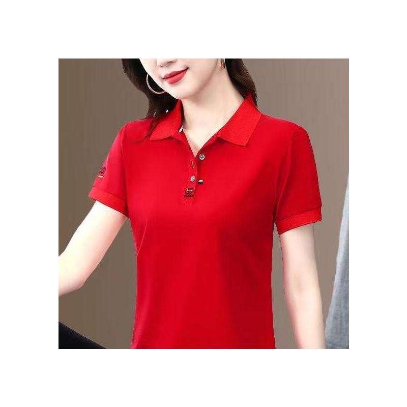 棉短袖t恤女夏季薄款中年妈妈翻领上衣有领衣服运动衫带领