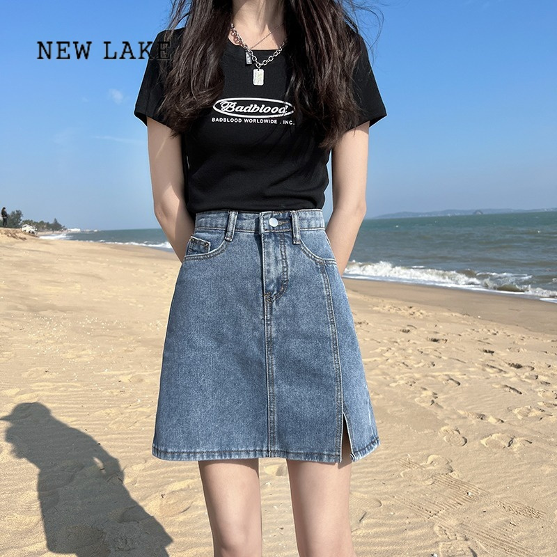 new lake2023夏季大码胖mm高腰牛仔裙裤女辣妹显瘦a字半身裙防走光