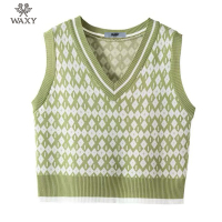 WAXY针织毛衣外穿背心马甲港风复古菱形格纹无袖百搭V领外套女装