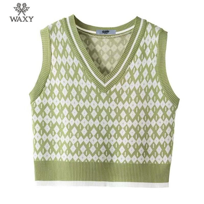 WAXY针织毛衣外穿背心马甲港风复古菱形格纹无袖百搭V领外套女装