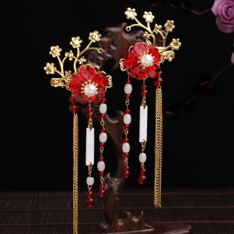 流苏发钗盘头发饰品发饰汉服头饰宫廷风发簪古风步摇花朵珍珠簪子红色