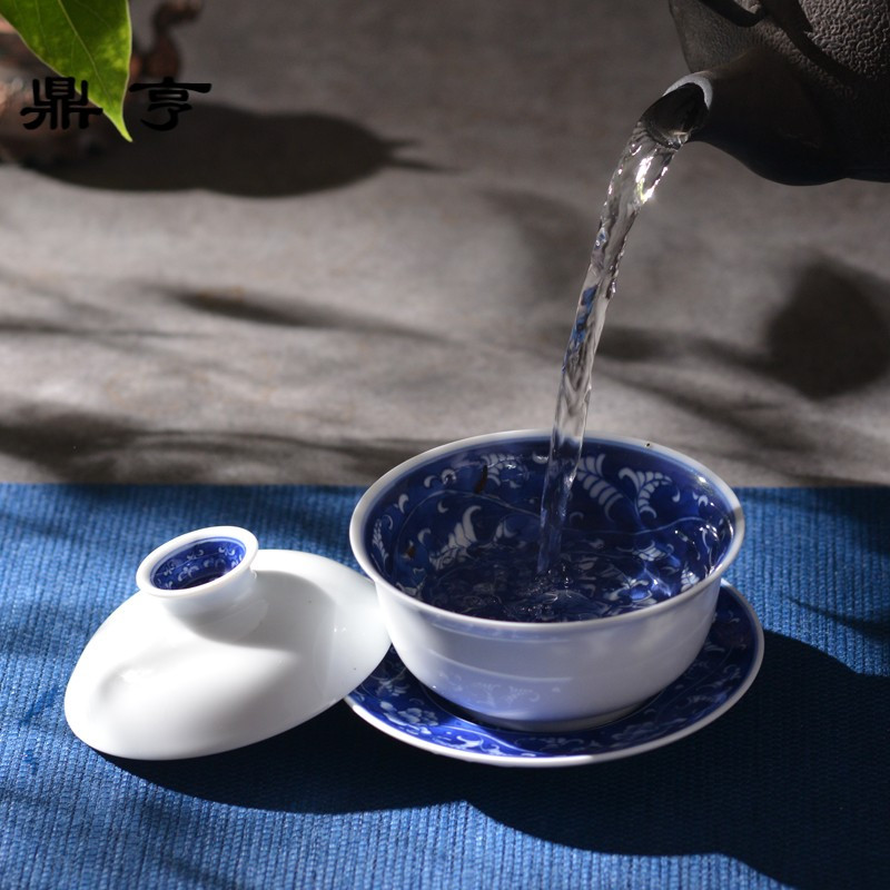 鼎亨景德镇盖碗手工三才碗 手绘秀外慧中青花盖碗 功夫茶具釉下彩