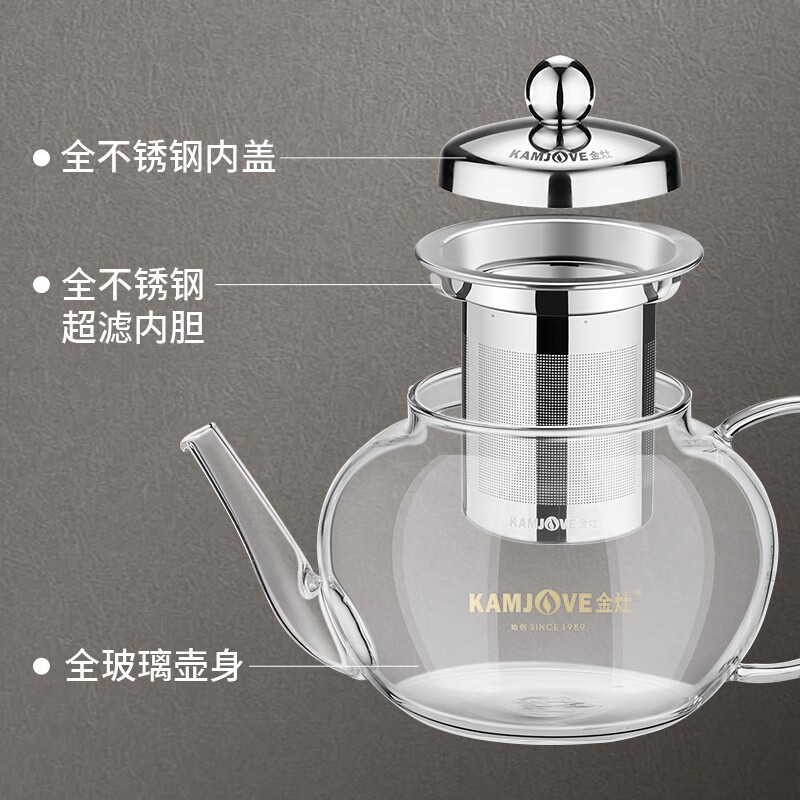 金灶(KAMJOVE)玻璃泡茶壶 耐高温304不锈钢过滤花茶壶飘逸杯 A-07 600ml容量[清]高清大图