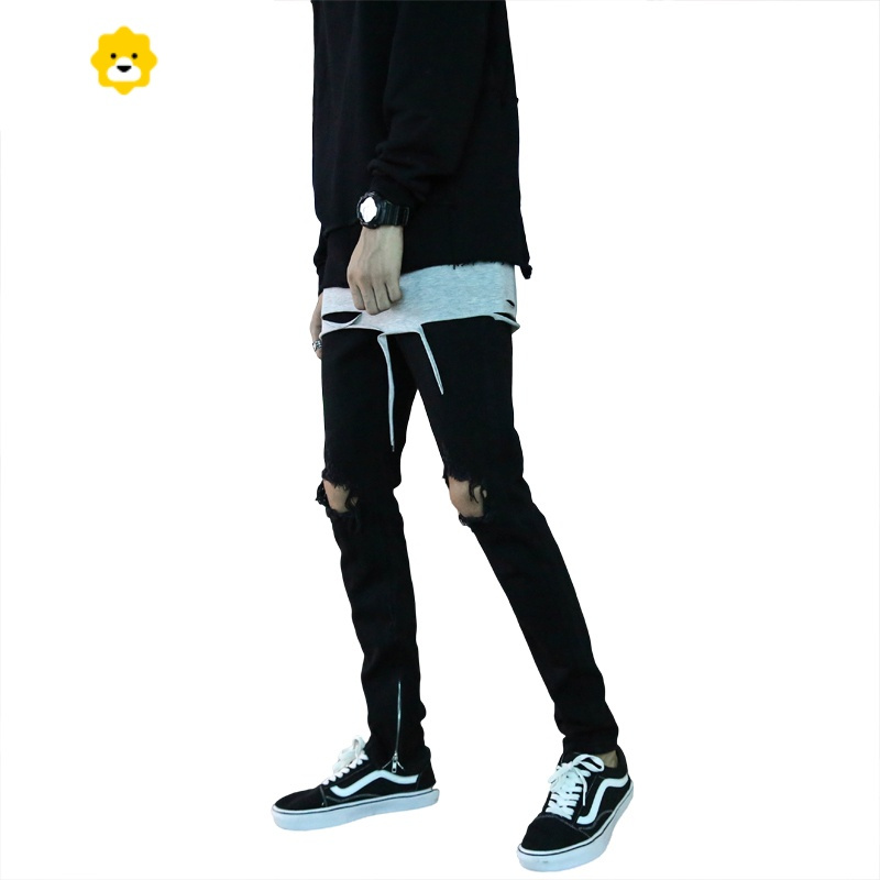 fishbasket黑色牛仔裤男季高街男生2024新款破洞修身男裤美式拉链裤子
