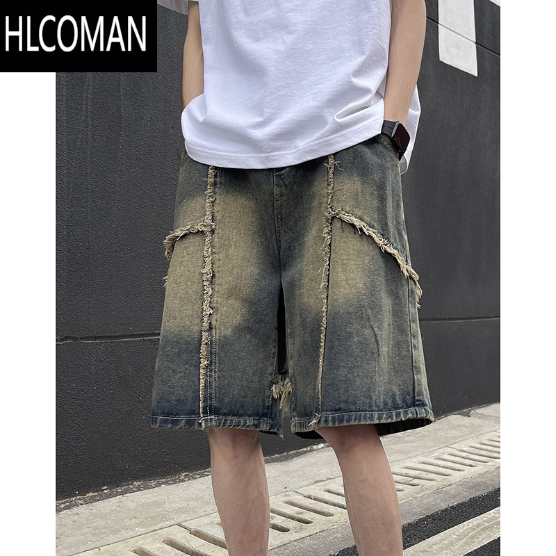 HLCOMAN美式破坏风痞帅牛仔短裤男2025夏季青少年高街vibe宽松直筒五分裤