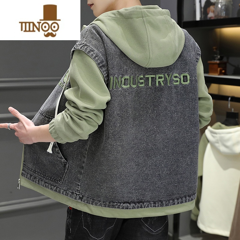 YANXU2023年新款薄款外套男连帽假卫衣牛仔夹克帅气男装褂子潮高清大图