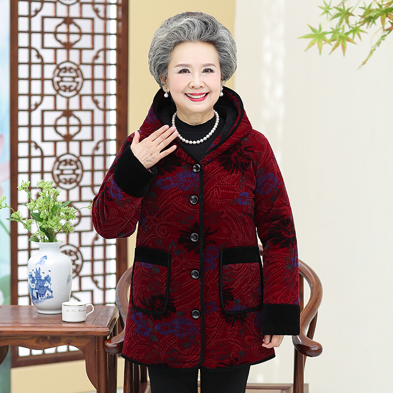 迪鲁奥（DILUAO)奶奶装冬装棉衣中老年女装棉服外套60-70-80岁妈妈加绒加厚棉袄老 3XL建议120-135斤 红色牡丹上衣