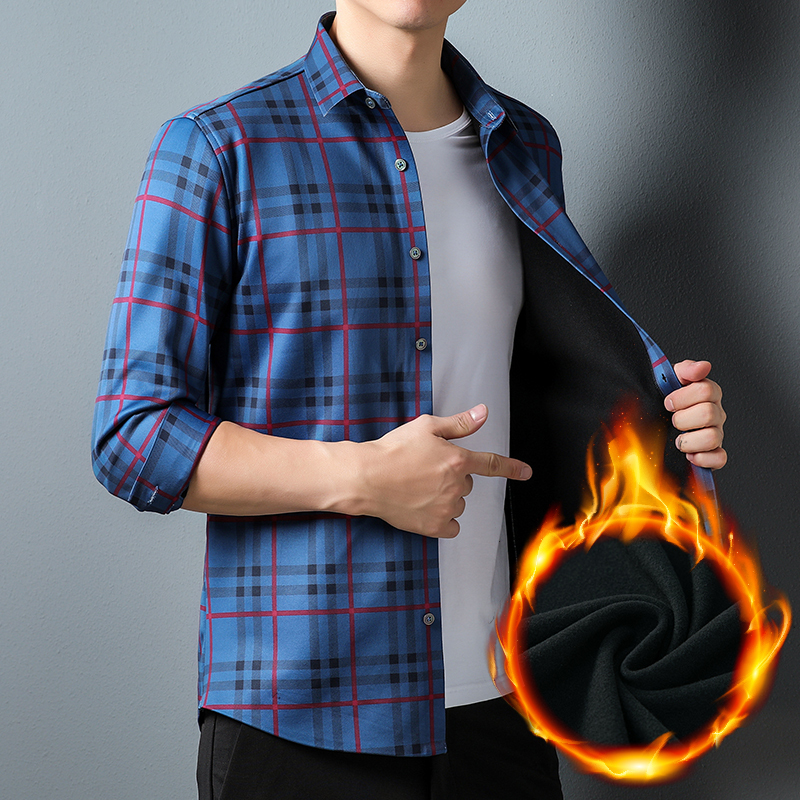 恒源祥撞色格子无痕免烫加绒厚保暖男士长袖衬衫商务休闲男装衣服冬