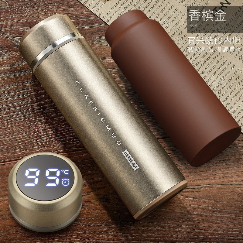 家柏饰(CORATED)紫砂内胆保温杯紫砂杯泡茶杯男士女定制水杯子 香槟金(智能测温提醒喝水)高清大图