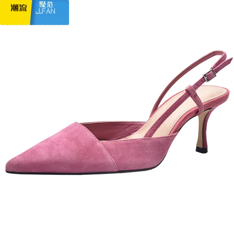 聚范气质粉色凉鞋女仙女风小众高跟小清新甜美尖头细跟法式罗马包头夏