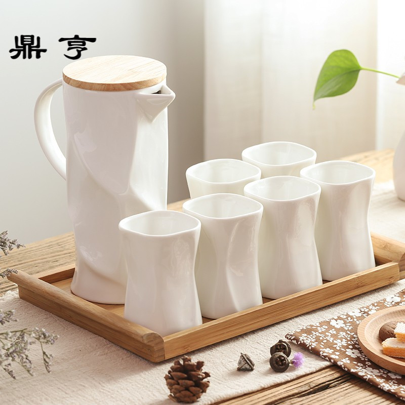鼎亨简约北欧陶瓷茶具套装现代客厅杯子6只装家用茶壶竹盘冷水壶