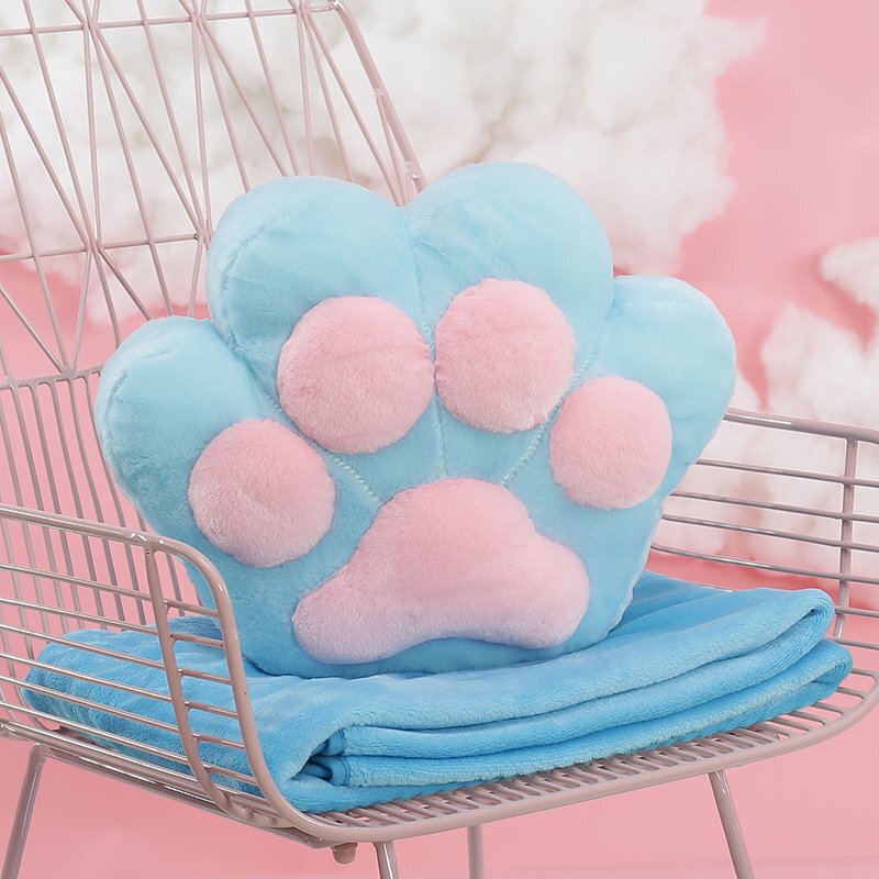 原创可爱猫爪抱枕被子两用办公室午睡毯子靠垫腰靠汽车珊瑚绒被(猫肉球)猫肉球蓝色抱枕38X32cm毯子1米*1米7
