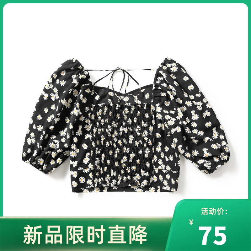[LT新款]拉夏贝尔ins泫雅风法式衬衫女复古 小雏菊系带短款碎花锁骨 上衣