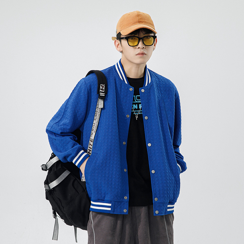 棒球服男针织提花布秋冬韩版纯色花纹立体感落肩排扣开衫衣服