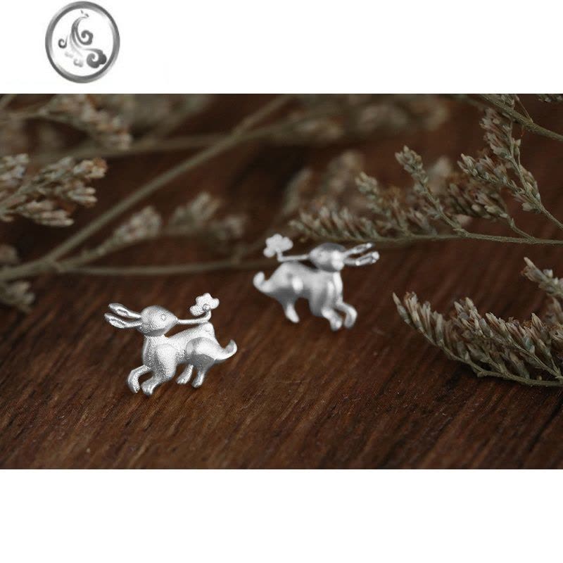 JiMi御宝司 兔衔灵芝纹戒指/耳钉 汉服文创银饰银镀金中秋指环耳饰图片