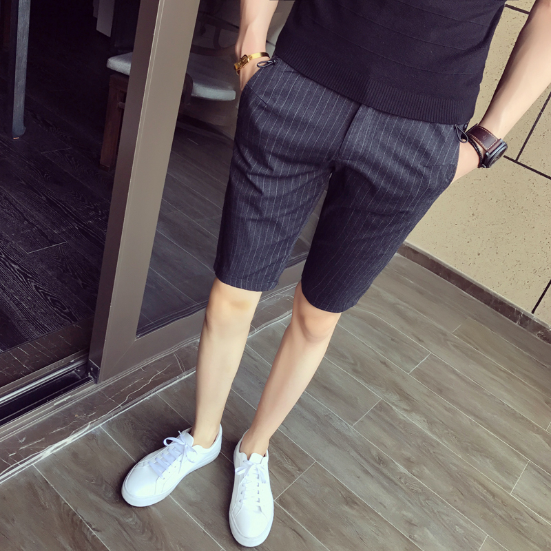 2018夏季条纹短裤男士英伦帅气修身五分裤帅气休闲西装裤上班西裤