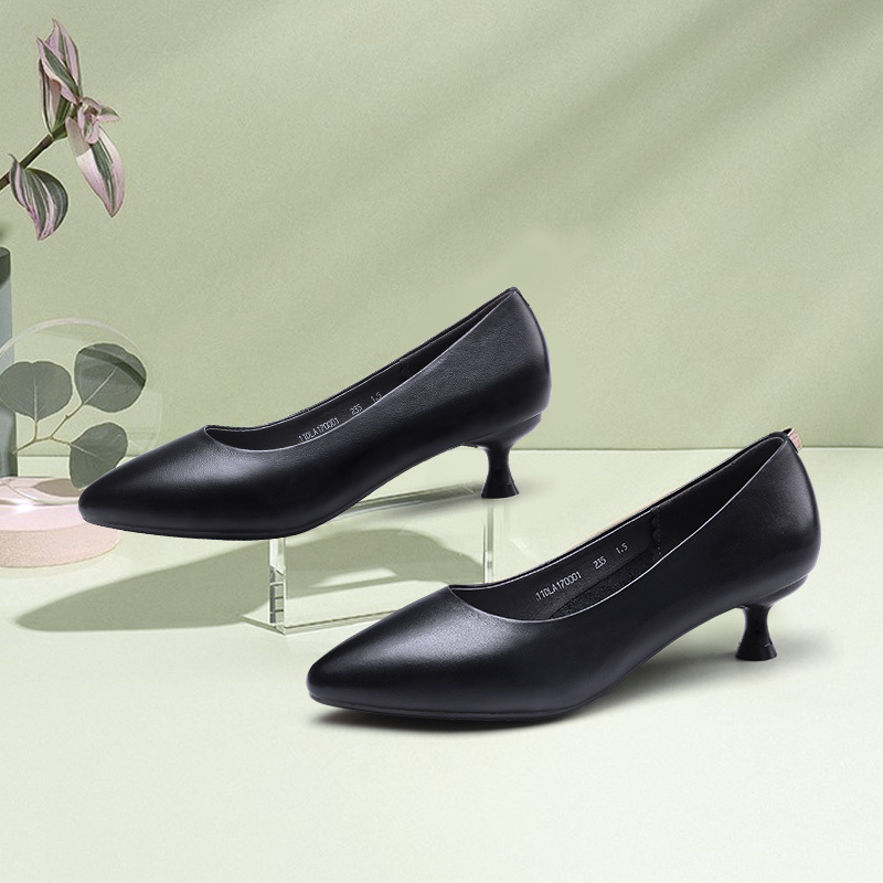 强人3515春季新款小皮鞋女真皮尖头高跟鞋女细跟性感时尚黑色皮鞋女