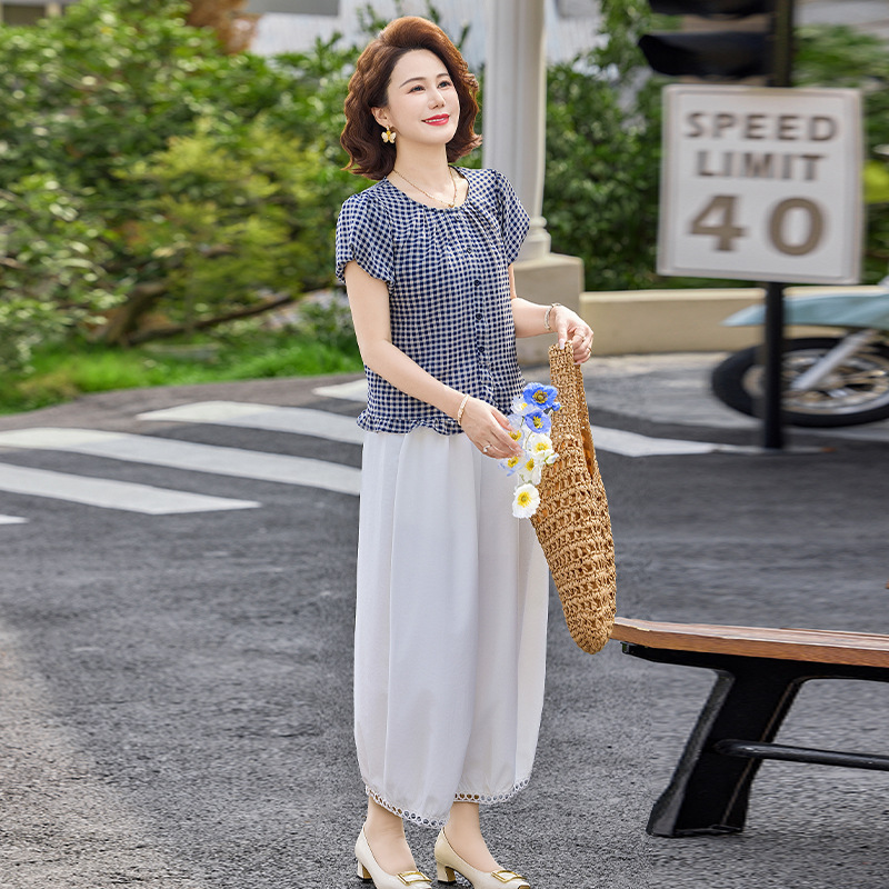 纤孜雅 妈妈夏装格子短袖衬衫阔腿裤两件套中老年时尚减龄套装女新款高清大图