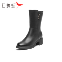 红蜻蜓女靴2023新款女鞋头层牛皮加绒内里橡胶大底防滑雪地靴时尚百搭 黑色 39码