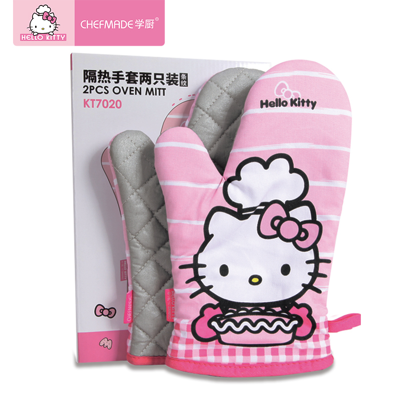 学厨 HELLO KITTY 条纹手套烤箱厨房隔热手套 防高温 加厚 耐热 蒸箱专用防烫 烘焙工具 两只装 KT7020