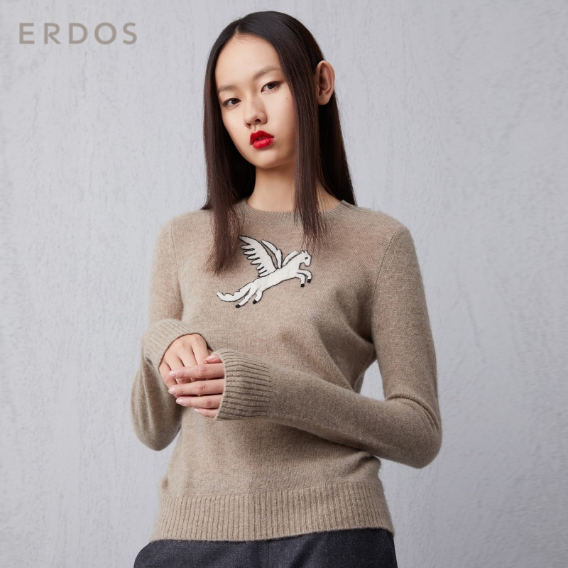 ERDOS 圆领动物图案女羊绒针织衫保暖舒适纯山羊绒