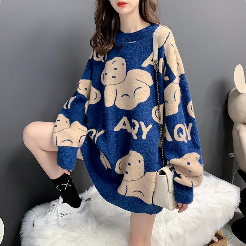 小熊毛衣女宽松外穿2020年新款秋冬韩版内搭中长款套头针织衫加厚