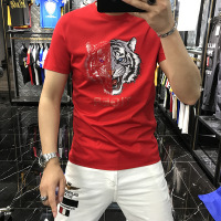 欧洲站夏季新款男士丝光棉短袖T恤韩版潮流重工烫钻老虎头印花T恤_1 4XL C254半脸老虎短袖红色