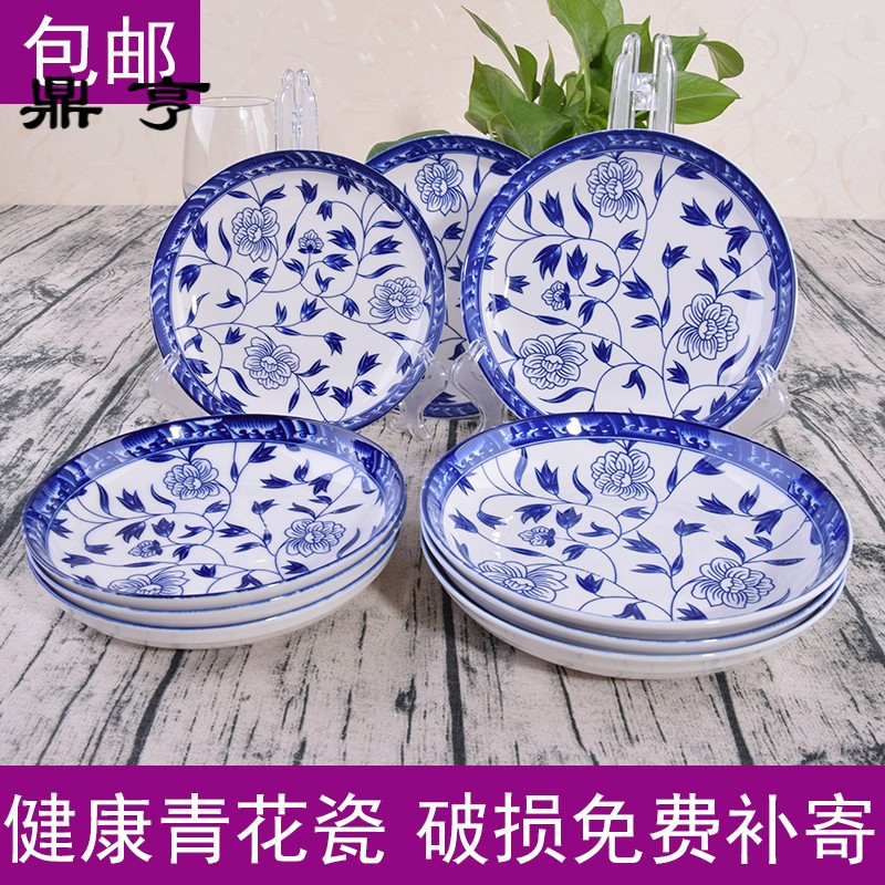 鼎亨景德镇青花瓷餐具盘子饭店家用中式陶瓷深菜盘8英寸10个碟子