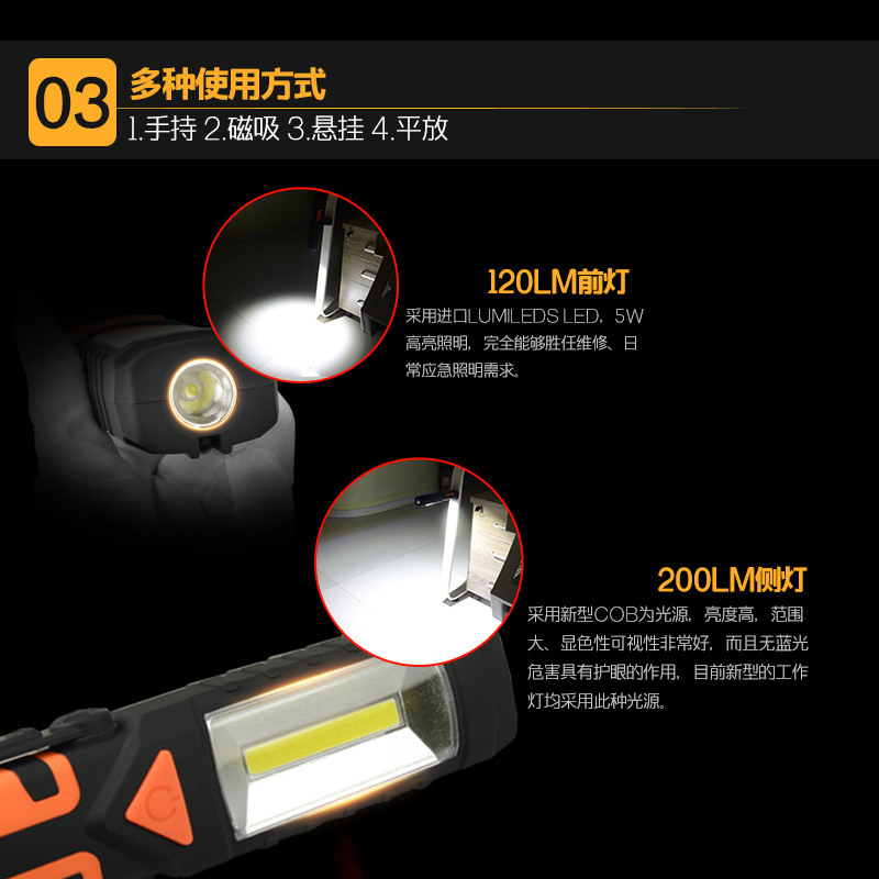 led手电筒强光充电超亮多功能带磁铁汽修车载维修机床磁吸工作灯