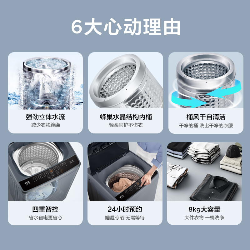TCL 8公斤大容量波轮洗衣机全自动小型洗衣机 租房神器 超薄机身 一键脱水 桶风干自清洁 家用波轮B80V100高清大图