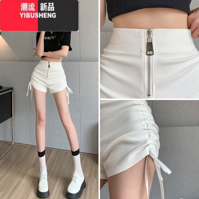 YIBUSHENG白色性感辣妹短热裤女设计感拉链直筒短裤高腰抽绳修身休闲裤