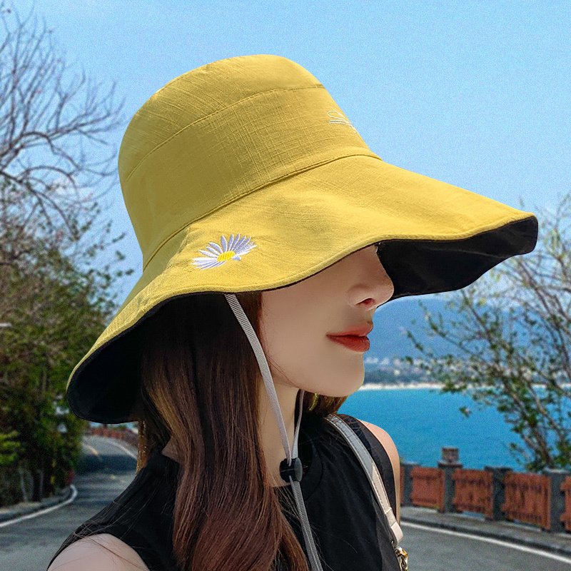 帽子女夏渔夫帽韩版百搭遮阳防紫外线帽子双面百搭防晒刺绣帽子女