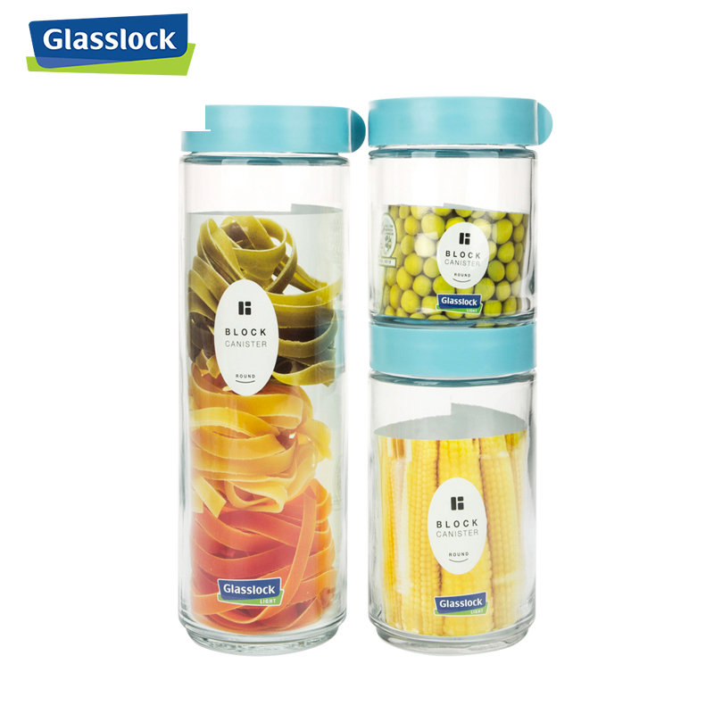 三光云彩(GLASSLOCK)IG588储物罐套装韩国进口玻璃密封盒五谷杂粮积木重叠圆桶形食品罐3件套冰箱侧门透明收纳瓶