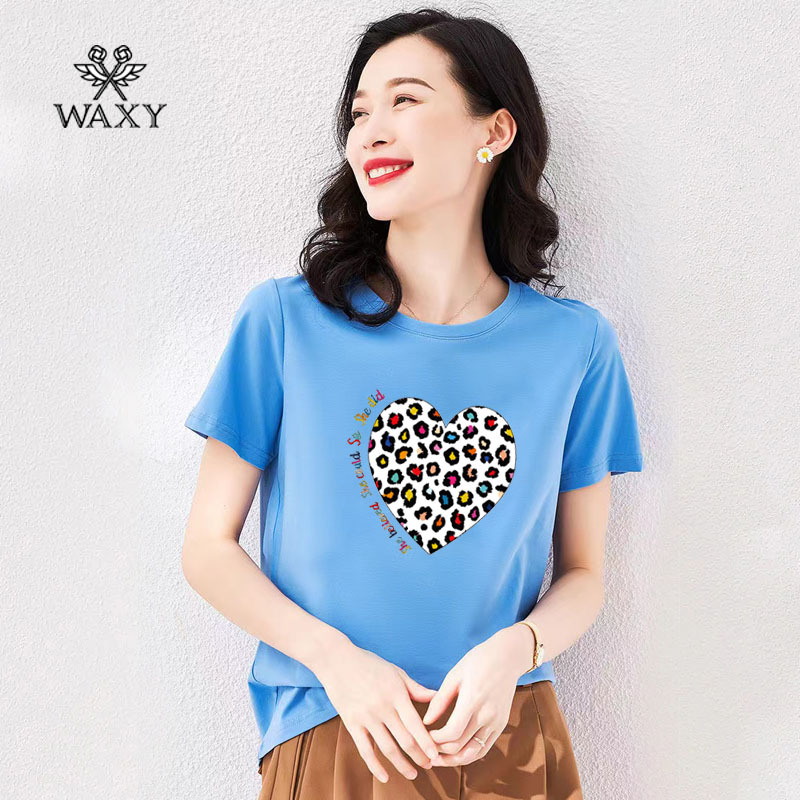 WAXY豹纹爱心印花短袖T恤女春夏新款欧货轻奢圆领纯棉上衣打底衫