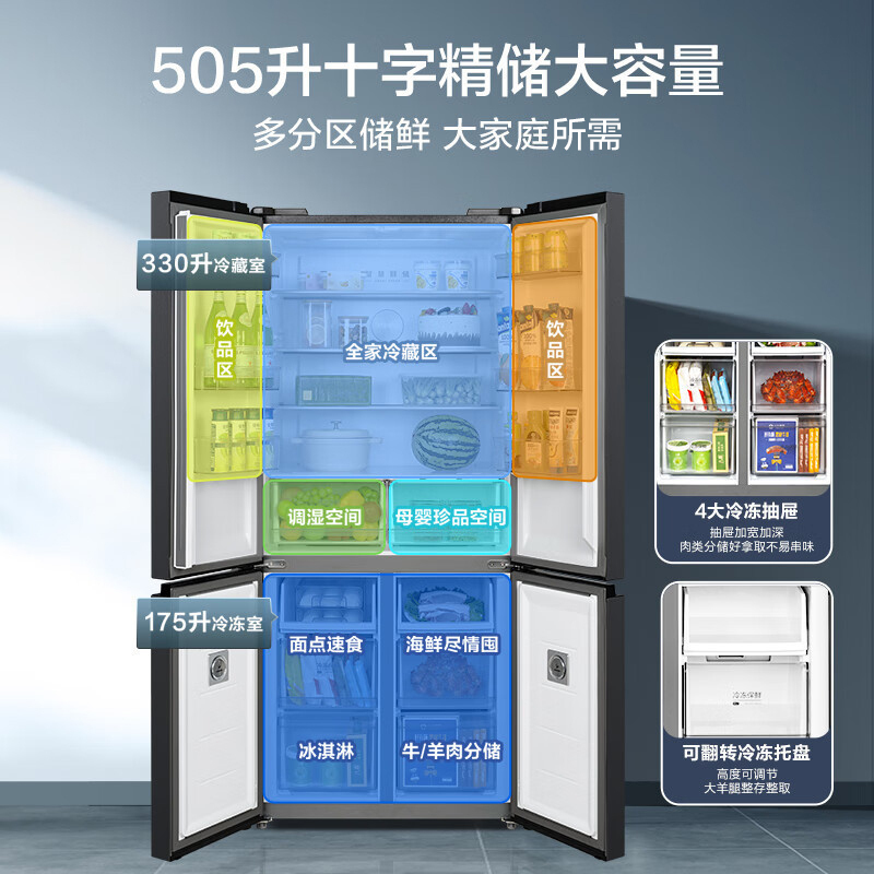 美的505升双系统双循环不串味风冷无霜对开双开十字四开门家用电冰箱一级能效变频母婴大容量PT净味MR-531WSPZE
