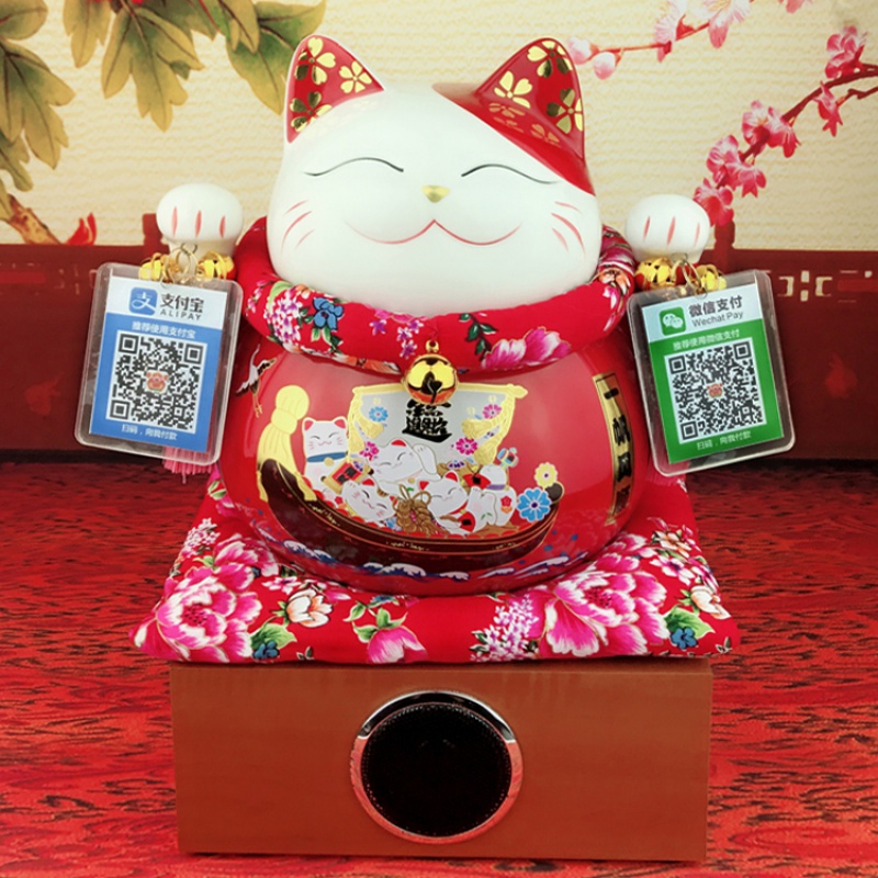 红摆件开业店铺收银台蓝牙语音播报器二维码音箱创意礼品 三维工匠 大号一帆风顺+二维码牌+木底座猫高清大图