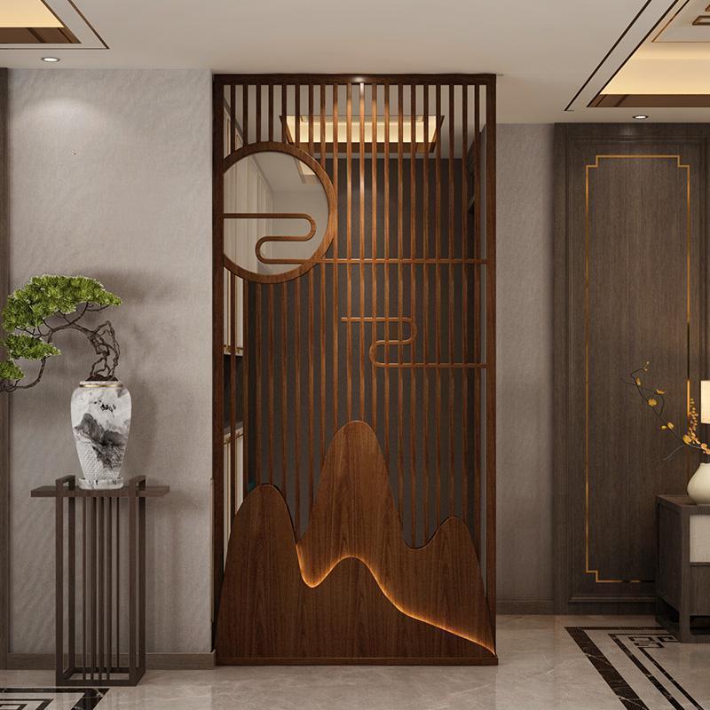 新中式实木屏风隔断玄关客厅分隔座屏入户遮挡镂空纱屏灯带小户型