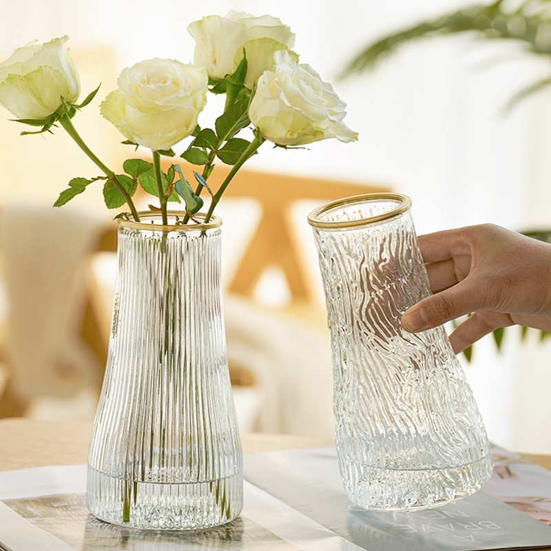 浮雕玻璃花瓶米魁ins风北欧网红透明水养富贵竹鲜花客厅插花摆件_描金