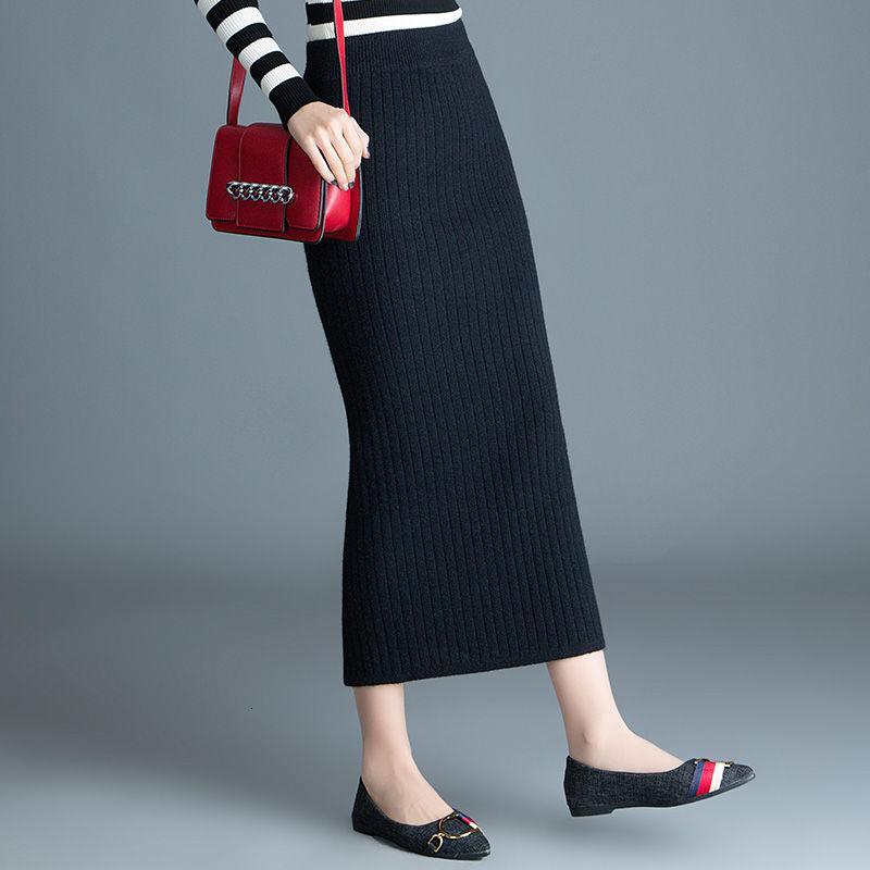包芯纱加厚针织半身裙秋冬高腰包臀裙中长款开叉a字裙毛线裙410克黑
